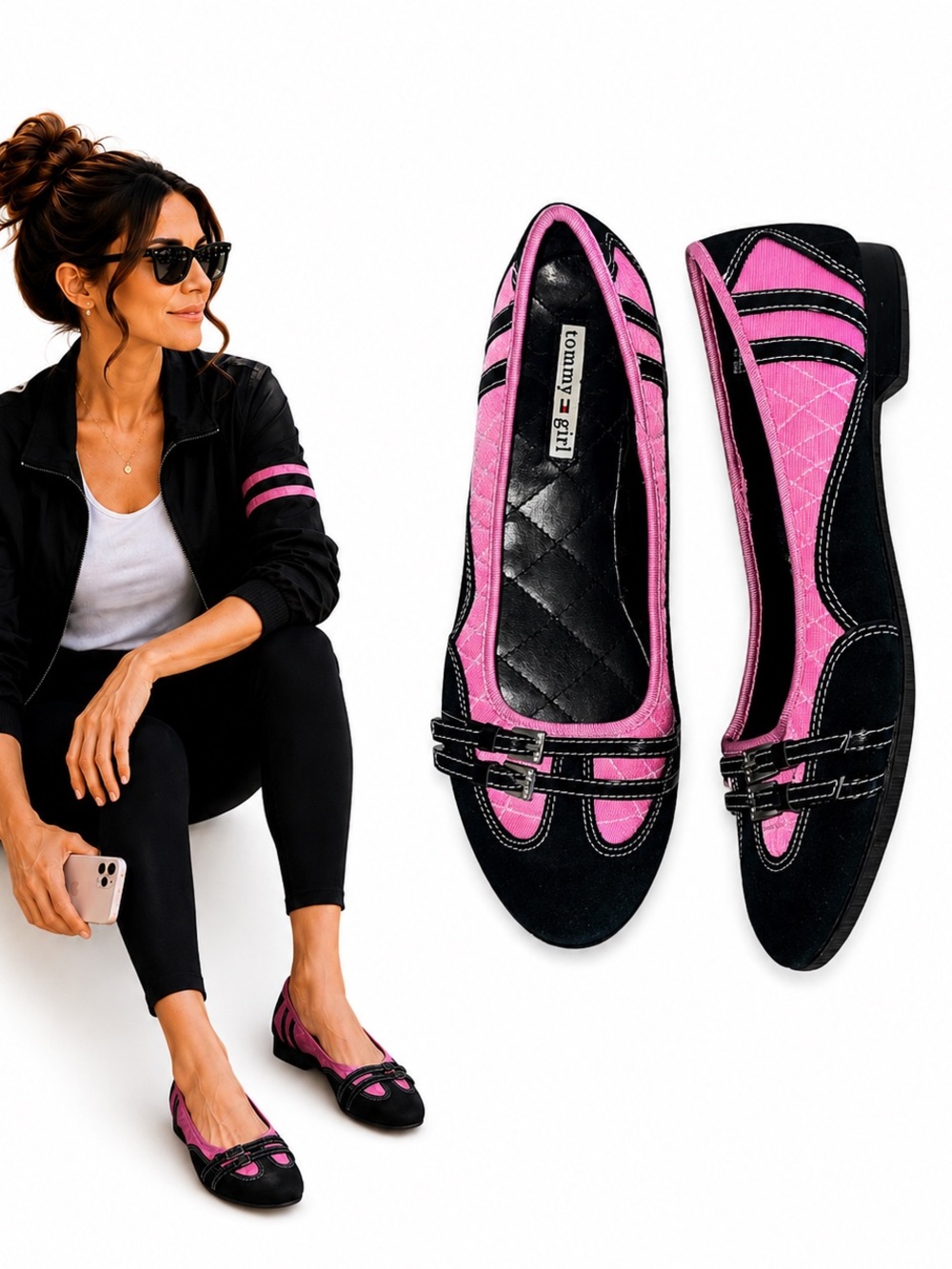 Pink and Black Flats Loafers sneakers with Buckle Detail 9